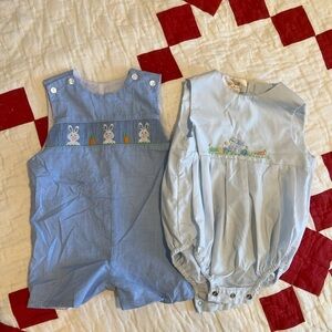 Set of 2 Light Blue Easter Bunny Smocked 9M Baby Boy Romper/ Jon Jon and Bubble